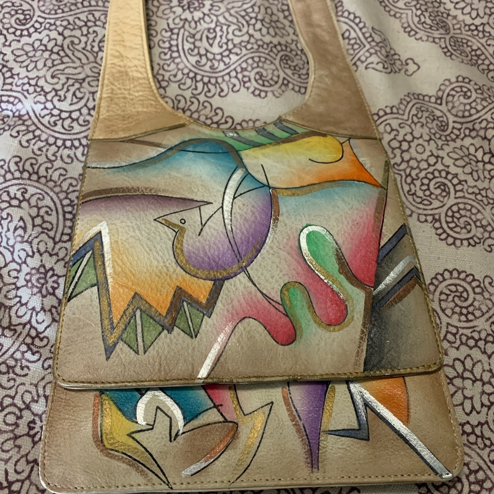 VTG abstract bird Aztec small leather purse made in Indian hand painted